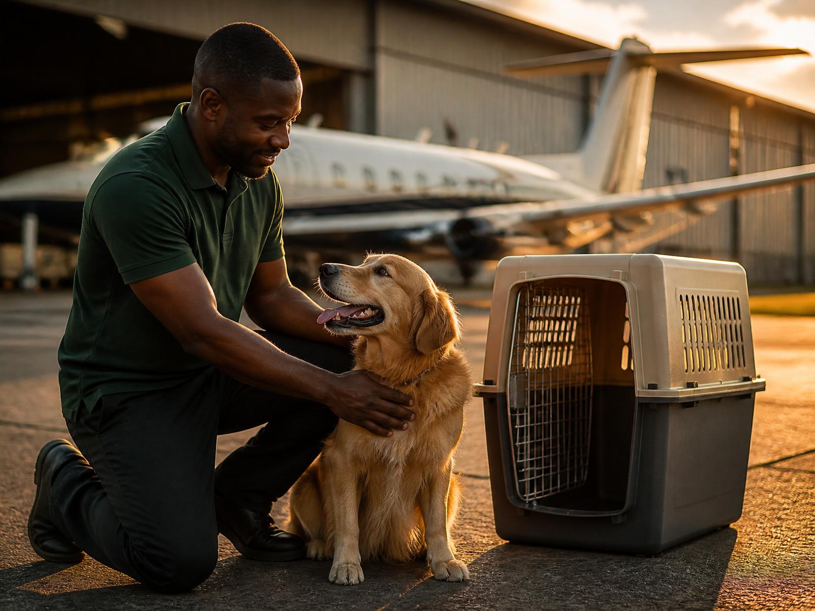A Zero3Logistics handler caring for a golden retriever beside a travel crate at sunset